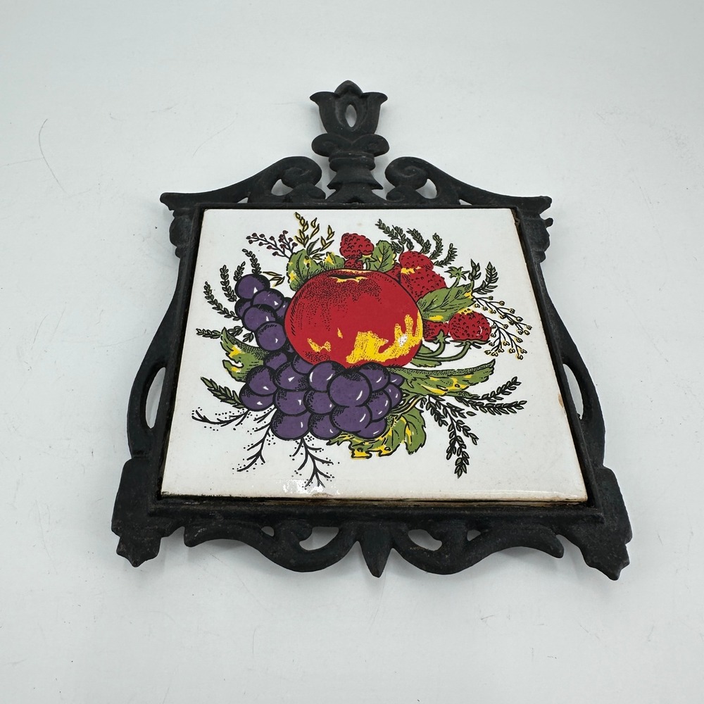 Seven Star Vintage Cast Iron Ceramic Tile Trivet Fruit Motif Apple Grapes Black